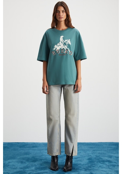 Grımelange Majer Kadın %100 Organik Pamuklu Western Tema Baskılı Regular Fit Yeşil T-shirt