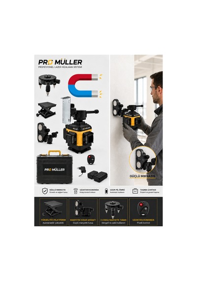 Pro Müller Profesyonel Otomatik Hizalama 16 Köşe 360 Yeşil Lazer Çizgi Hizalama Terazi Çantalı