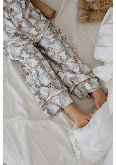 Oh La La Koala Kedi Desenli Yaka Detaylı Çocuk Pijama Takımı Sütlü Kahve