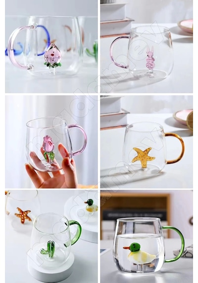 2'li Figürlü Cam Bardak 3d Sevimli Karikatürler Bardağı Kawaii Renkli Kulplu Sunum Fincanı 350 Ml.