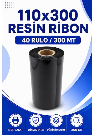 110x300mm Resin Ribon 40 Rulo 300 Mt Dayanıklı Tekstil, Yıkama, Etiketleme Termal Transfer 1