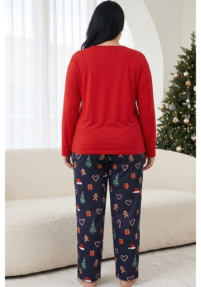 Siyah İnci Pamuklu Likralı Büyük Beden Battal Boy Örme Pijama Takım 26240934 Kırmızı