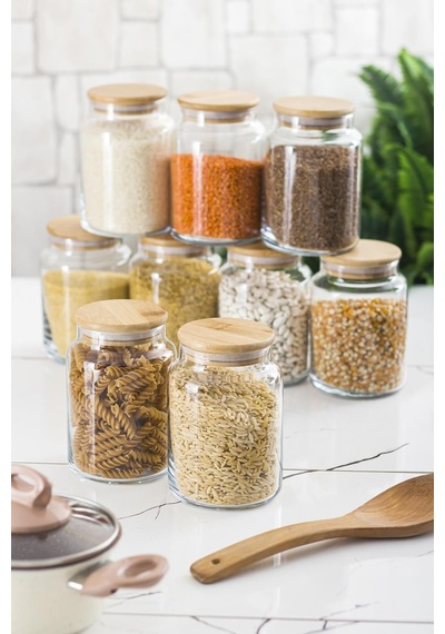 9 Lu Set Bambu Kapaklı Cam Kavanoz & Erzak Saklama Kabı 800 Ml Or Şeffaf