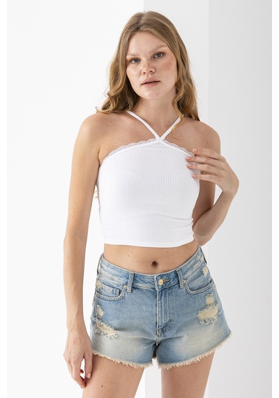 Giysa Kadın Çapraz Askılı Dantel Detaylı Crop Body Beyaz - Ms0000309 Beyaz
