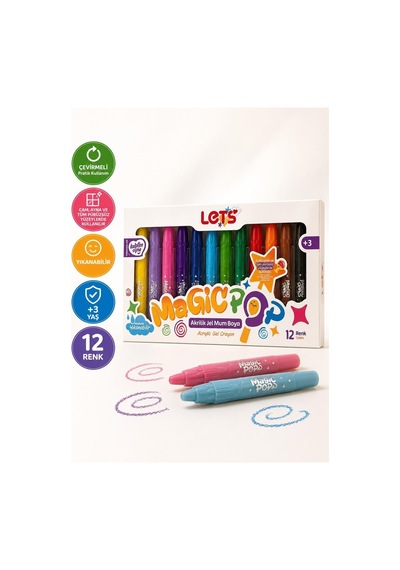 Let S Magicpop Süper Yıkanabilir Mum Boya 12 Renk Çok Renkli