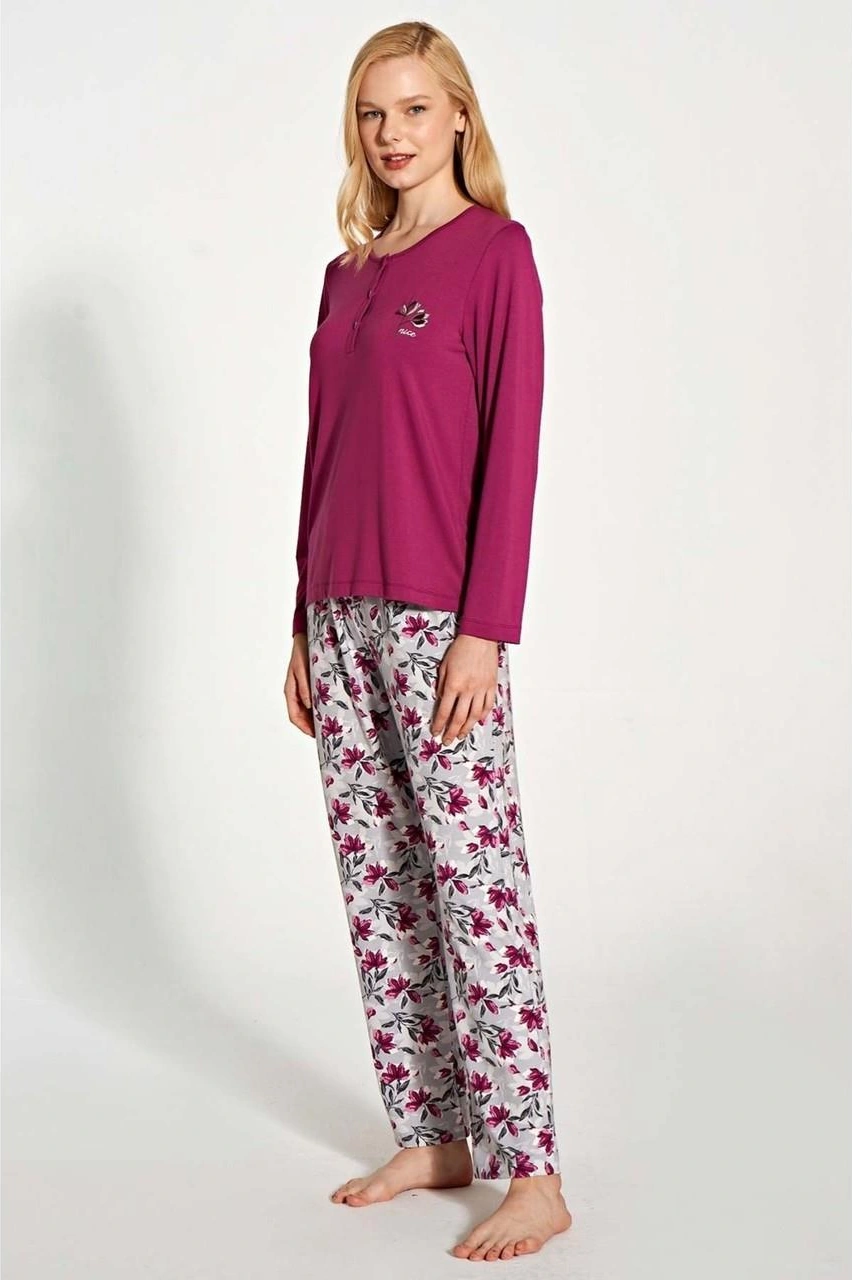 Gd Goldoremi 1776 Kadın Uzun Kollu Düğmeli Desenli Rahat Pijama Takım Fuşya