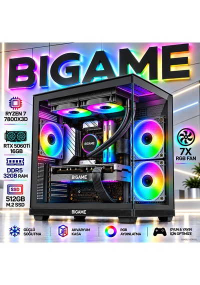 Bigame HYPER-V6 R7-7800X3D 16 GB 32 GB 512 GB M2 SSD RTX5060Ti Free Dos Masaüstü Oyuncu Bilgisayarı