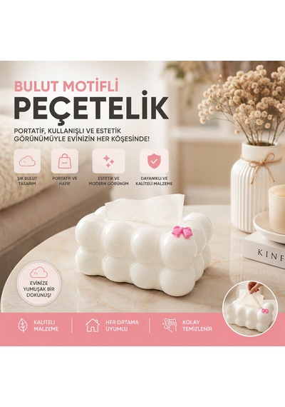 Barotti Dmr-9915 Yaylı Dekoratif Bulut Peçetelik - 19x12.5x8.5 Cm, Beyaz