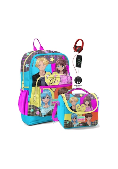 Coral High Okul Çantası Ve Beslenme Çanta Seti - Usb Soketli Mavi Pembe Anime Kız Çocuk