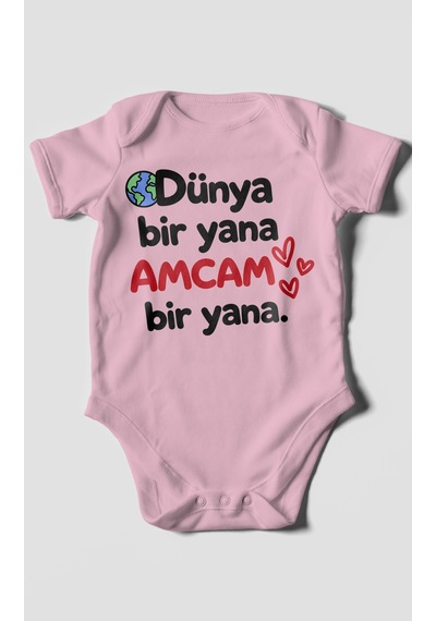 Morivokids Dünya Bir Yana, Amcam Bir Yana Kısa Kollu Bebek Body %100 Pamuk Zbn170-kk Koyu Pembe