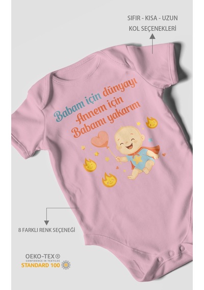 Morivokids Babaya Ve Anneye Özel Kısa Kollu Bebek Body %100 Pamuk Koyu Pembe