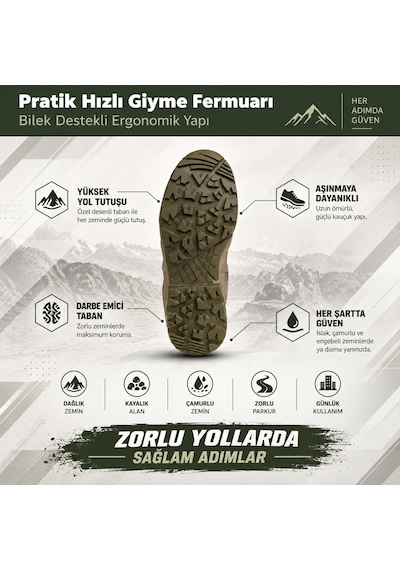 U Force Outdoor Bot Unisex Su Geçirmez Sympatex Kaymaz Dişli Taban Fermuarlı Hakiki Deri Haki