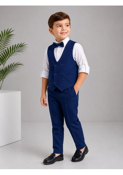 Classics Men Erkek Çocuk Smokin Takım Elbise Yelekli Papyonlu Lacivert
