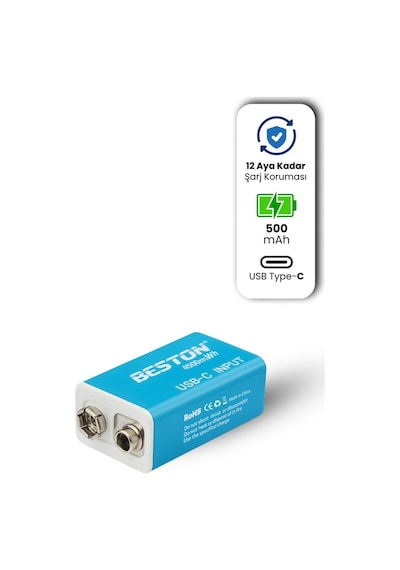 Type-c Usb Şarjlı 9v Pil Beston 1200mah 4500mwh Uzun Ömürlü 500 Şarj Döngüsü