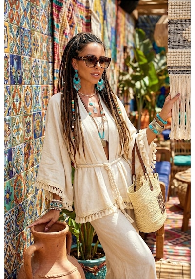 Kalın Denizci Halat Kemerli Ponponlu Geniş İspanyol Flair Kol Doğal Keten Bohem Kaftan Kimono Ekru Kalın Denizci Halat Kemerli Ponponlu Geniş İspanyol Flair Kol Doğal Keten Bohem Kaftan Kimono Ekru