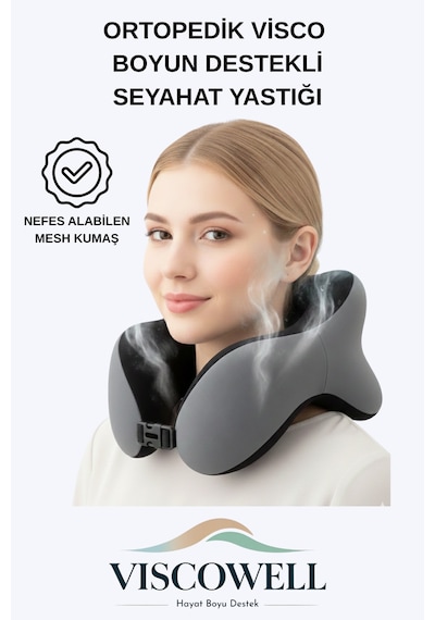 Ortopedik Visco Boyun Ve Baş Destekli Seyahat Yastığı Uçak, Araba, Ev İçin Taşınabilir Gri