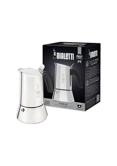 Venus: 4 Cups Ocak Üstü Espresso Pişirici - 170ml - Gümüş Renk - Paslanmaz Çelik Gövde - Patentli Güvenlik Valf