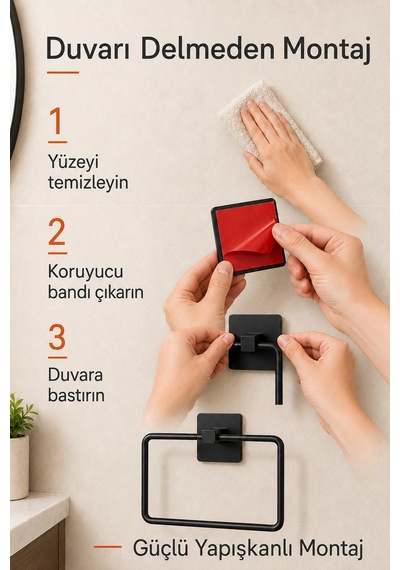 Paslanmaz Çelik Kare Yapışkanlı Siyah Kare Havluluk Banyo Askılığı