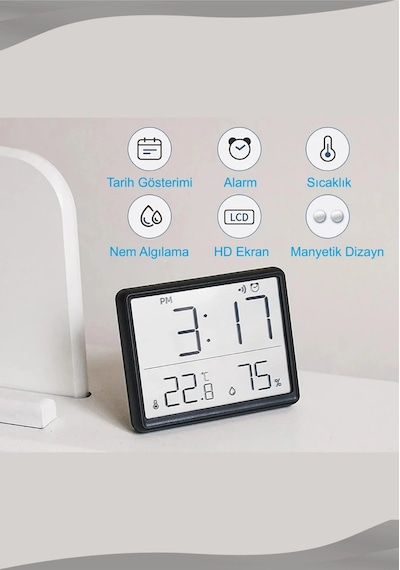 Dijital Oda Termometre Sıcaklık Ve Nem Ölçer Masa Saati Alarm Lcd Ekran Duvara Takılır Siyah