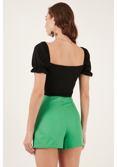 Lela Slim Fit Büzgü Detaylı Kalp Yaka Crop Bayan Bluz 5865601 Siyah