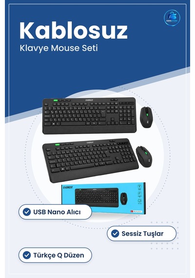 Klavye Mouse Seti Kablosuz Usb Sessiz Türkçe Q Nano Alıcılı Ev Of Optik