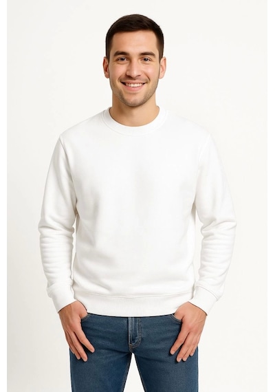Erkek Üç İplik Düz Bisiklet Yaka Sweatshirt - Beyaz Beyaz