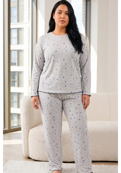 Siyah İnci Büyük Beden Battal Boy Örme Pijama Takım26240914 Gri Melanj