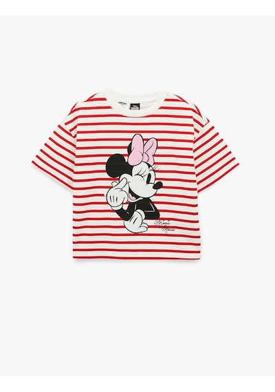 Koton Lisanslı Minnie Mouse Baskılı Kısa Kollu Bisiklet Yaka Pamuklu Çizgili Tişört Kırmızı Çizgili 6skg10654ak