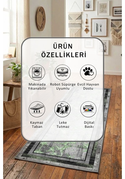 Ehl-67 Salon Mutfak Yatak Odası Yıkanabilir Yolluk Gri