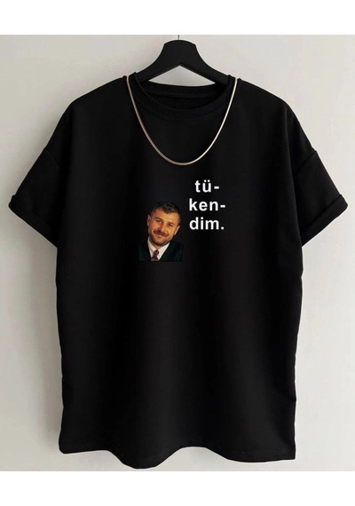 Startmore Unisex Siyah Tükendim Baskılı Bisiklet Yaka Tshirt Siyah