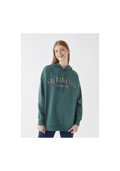 LC Waikiki Baskılı Uzun Kollu Oversize Kadın Hoodie Yeşil