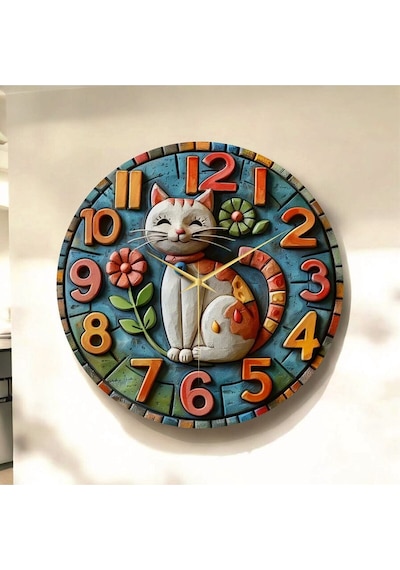 Kedi Çiçek Renkli Baskı Desenli Sayılı Hediyelik Ahşap Sessiz Tablo Duvar Saati 130 Renkli