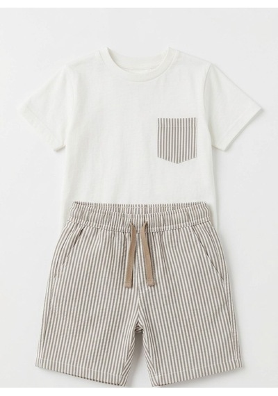 Baby Lory Kids Store Çizgili Şort Takım Açık Kahverengi - Beyaz