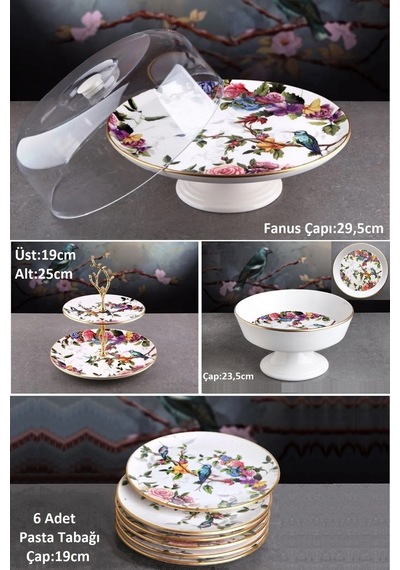 Flora 10 Parça Seramik Meyvelikli Pasta Sunum Tabağı Kombin Set - Kup101f Beyaz
