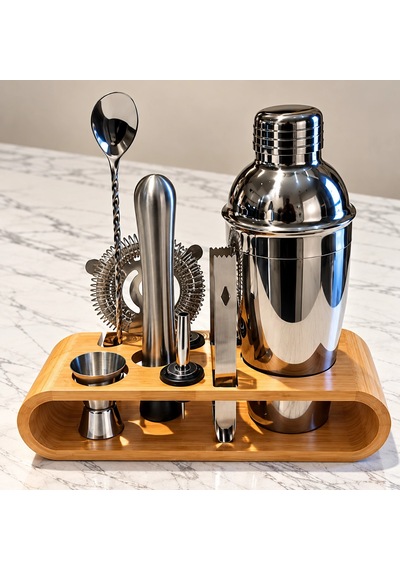 10 Parça Bambu Standlı Kokteyl Shaker Seti 750 Ml