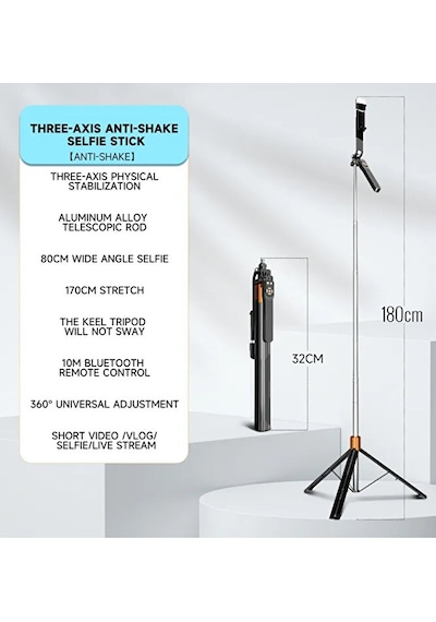 Bluetooth Kumandalı 180cm Tripod Selfie Çubuğu / Go Pro Uyumlu /