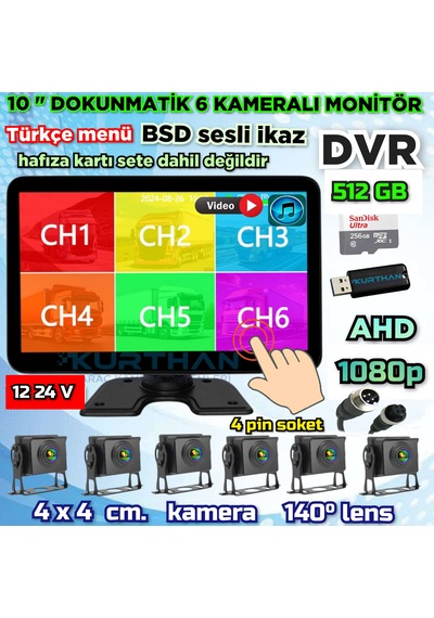 6 Ch 10 İnç Dokunmatik 1080p 6 Kameralı 4k Ultra Hd 512 Gb Dvr-usb-bsd Monitör Seti 12 - 24 Volt
