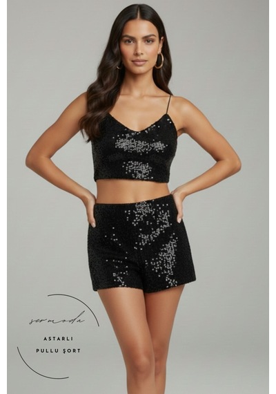 Sermoda Pullu Bluz - Pul Payetli Lastik Askılı Crop Bluz Siyah