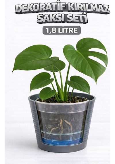 2 Li Saksı Seti 15 Pot Yarı Şeffaf Üretim Saksısı + 1,8 L Gri Dekoratif Kırılmaz Dış Saksı