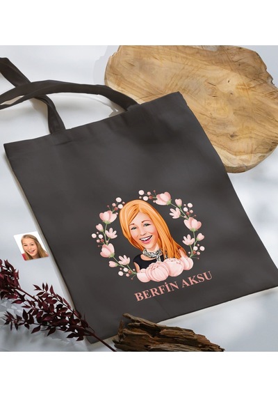 Bk Gift Kişiye Özel Anneler Günü Karikatürlü Antrasit Kumaş Bez Çanta, Baskılı Omuz Çantası, Alışveriş Çantası, Anneye Hediye-3 Antrasit