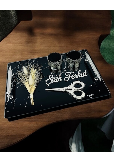 Vow Gümüş Siyah Söz Nişan Tepsisi Gümüş Gümüş