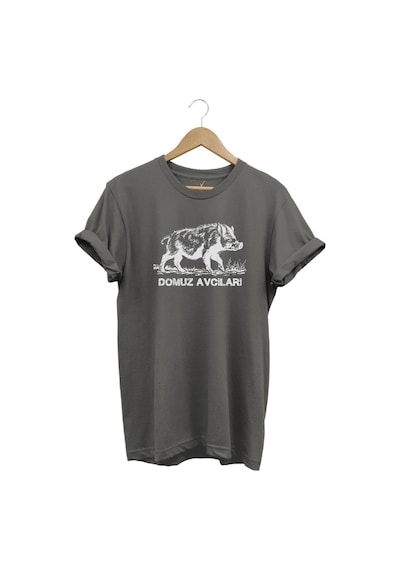 Avcılık Hunter Domuz Avcıları Baskılı Domuz Avı %100 Pamuk Regular Fit Gri T-shirt Antrasit