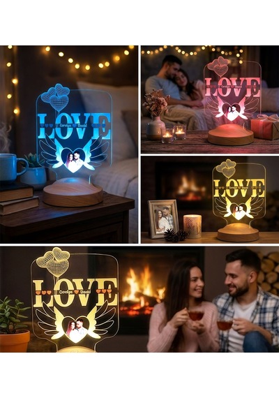 Love Yazılı Lamba, Sevgililer Günü Hediyesi Kanatlı Kalp Fotoğraflı Kişiye Özel Led Lamba, Sevgiliye - Eşe Romantik Hediye
