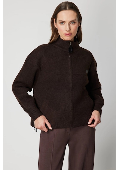 On Fashion Kadın Beli Lastikli Dik Yaka Fermuarlı Kahverengi Hırka 60937 Kahve