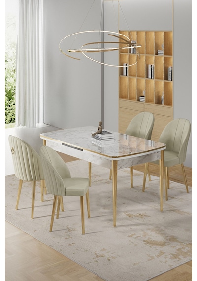 Canisa Rada Serisi 80x132 Açılabilir Lak Panel Beyaz Mermer Desen Masa 4 Krem Sandalye Gold Detay Masa Beyaz Mermer Desenli Sandalyeler Krem Canisa Rada Serisi 80x132 Açılabilir Lak Panel Beyaz Mermer Desen Masa 4 Krem Sandalye Gold Detay Masa Beyaz Mermer Desenli Sandalyeler Krem