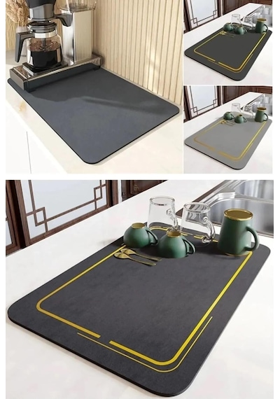 Premium Dekoratif Bulaşık Kurutma Matı 50x40 Cm Süper Emici, Kaydırmaz Kauçuk Tabanlı Ve Tezgah Koruyucu Altlık siyah