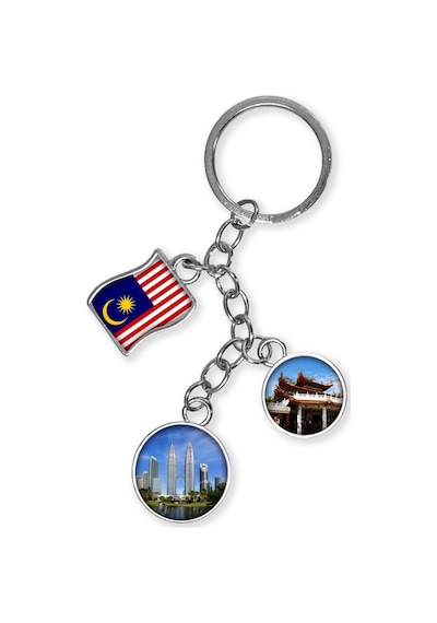 Malezya Üçlü Epoksi Metal Çift Taraflı Damla Anahtarlık Malaysia Gümüş