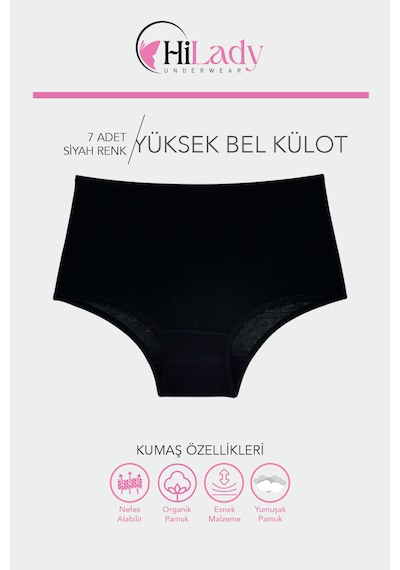 Kadın Külot, Kadın Yüksek Bel Külot, Pamuklu Yumuşak Kumaş, 7'li Paket Siyah