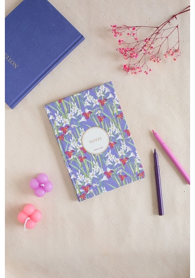 Çiçekli Bez Ciltli Defter / Çizgisiz Mavi