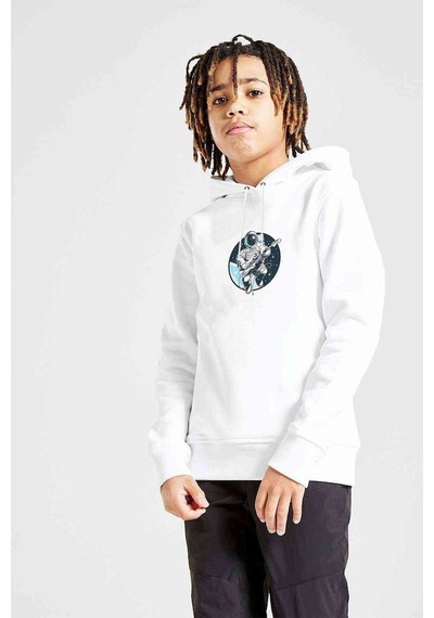 Tshirthane Space Bond Gitar Baskılı Unisex Çocuk Kapüşonlu Beyaz Sweatshirt Beyaz